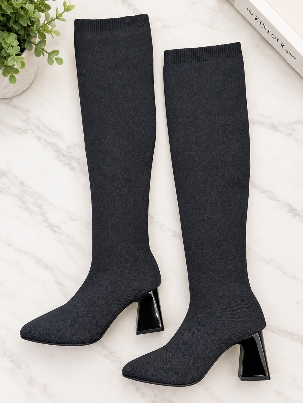 New Black Knit Pointed-Toe Sock Boots Flared Block Heel Sz 5.5 / 225